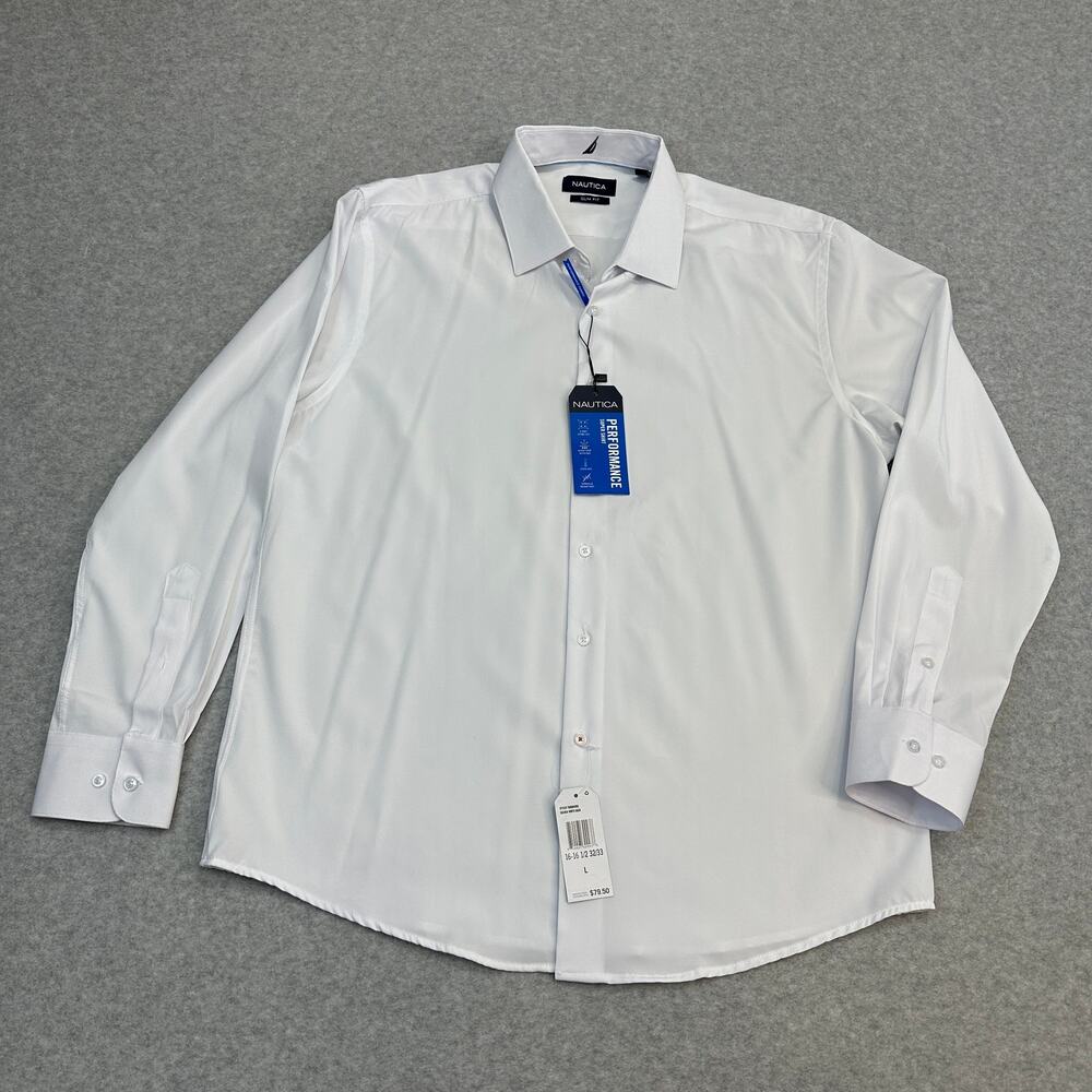 Nautica Slim Fit Performance Super Shirt Mens L White Stretch Wrinkle Resistant